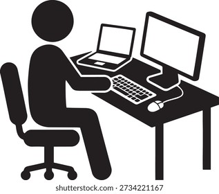 Person working on computer with dual screens icon. Man sitting at desk with laptop and monitor. Programmer, developer, trader, or video editor silhouette vector glyph.