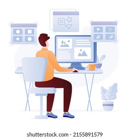 Person working on computer, flat illustration of graphic designer

