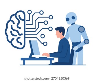 Persona que trabaja en una computadora con un robot humanoide y un símbolo cerebral de IA, que representa la colaboración humano-IA