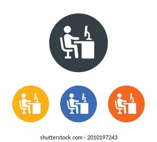 Person working on computer icon on button sign. Office worker vector symbol.