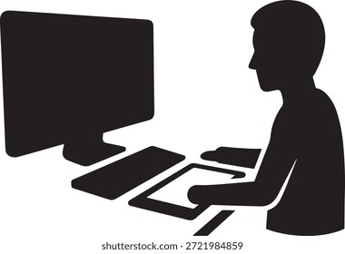 Persona que trabaja en el Vector del icono de la computadora. Hombre sentado en el escritorio usando la ilustración de la silueta de la PC. Símbolo de trabajador de oficina, usuario o administrador aislado sobre fondo blanco.