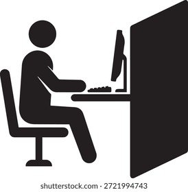 Ícone da pessoa trabalhando no computador. Silhueta do funcionário de escritório sentado na mesa com monitor e teclado. Ilustração vetorial do conceito de espaço de trabalho ou cubículo.