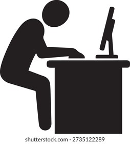 Persona que trabaja en el icono de la computadora. Silueta de Vector de un hombre sentado en un escritorio con monitor de PC. Glifo de la vista lateral del trabajador de oficina, del estudiante, o del jugador aislado en fondo blanco.