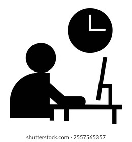 Person working on computer. Minimalist icon, black silhouette, person working at desk, computer monitor, clock on wall, time management, office work, simple geometric shapes.