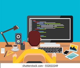 Person Working On Computer. Programming Or Coding Concept. Modern Flat Design For Web Banner , Website Element , Brochures, Or Book Cover