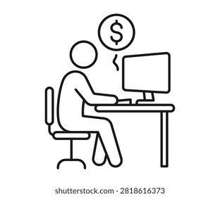 Person working on desktop computer earning dollar revenue income line art vector icon. Online money earning, digital monetization, freelance income, and financial profit.