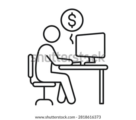 Person working on desktop computer earning dollar revenue income line art vector icon. Online money earning, digital monetization, freelance income, and financial profit.