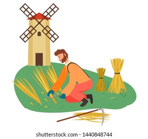 Person working on field near mill, mowing wheat by scythe, portrait view of farmer cutting dry grass, man in gloves holding equipment for hay vector