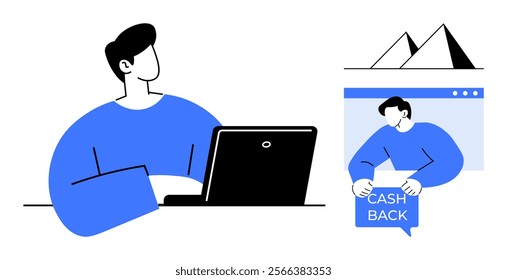 A person is working on a laptop and another panel shows the same individual holding a sign saying Cash Back within a web browser. Ideal for business, e-commerce, online shopping, marketing