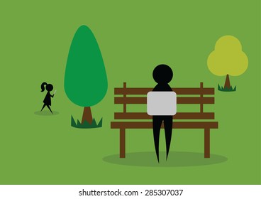 Person working on laptop on bench in park. Vector Illustration