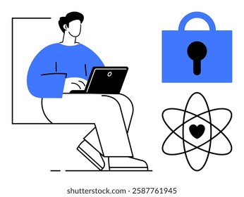 Person working on a laptop. Beside them are a security lock and an atom symbol with a heart. Ideal for technology, cybersecurity, scientific research, online learning, and data protection themes