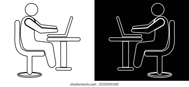 Person working on laptop. Business man icon, vector, Freelancer vector, icon. Office Working icon, vector, logo, app design. Remote work icon, vector design. Man sitting on a chair with laptop. 