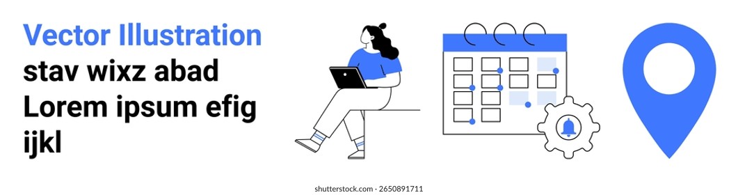 Person working on laptop, calendar with gear icon, large location pin. Ideal for productivity, planning, remote work, scheduling, organization, project management, digital tools. Landing page