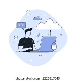 Person working on laptop computer, padlock and cloud. Concept of secure online file download and upload, security of web data storage or database. Modern linear vector illustration for banner, poster.