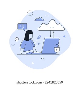 Person working on laptop computer, padlock and cloud. Concept of secure online file download and upload, security of web data storage or database. Modern linear vector illustration for banner, poster.