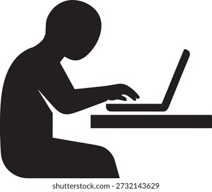 Pessoa trabalhando em um ícone de laptop. Freelancer, estudante ou funcionário de escritório sentado à mesa digitando. Silhueta ilustração vetorial isolada no fundo branco.