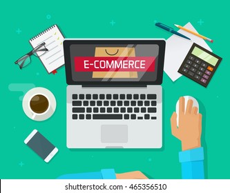 Person working on laptop computer analyzing e-commerce store technology vector illustration, flat developer working on office desktop, eCommerce analytics banner, online shopping marketing research