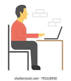 A person working on laptop, flat icon design of laptop desk
