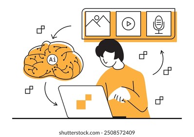 person working on a laptop, interacting with a digital brain symbolizing AI. Surrounding the individual are multimedia icons representing the integration of AI with various forms of digital media.