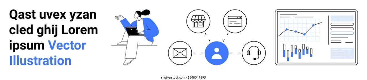 Person working on a laptop, interconnected icons for shopping, credit card, email, user, and headset, analytics dashboard. Ideal for business, communication, data analysis, customer support