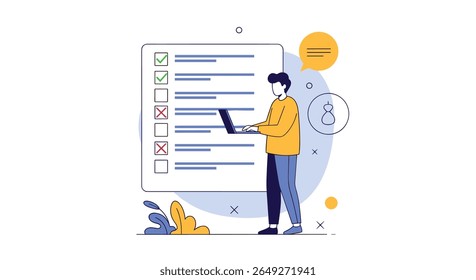 Pessoa trabalhando em um laptop com uma lista de verificação ou pesquisa grande com respostas positivas e negativas indicando o progresso e as tarefas concluídas e as tarefas a serem realizadas