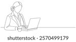 person working on laptop, line art drawing of young woman using laptop computer, line art vector illustration