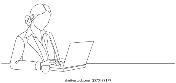 person working on laptop, line art drawing of young woman using laptop computer, line art vector illustration