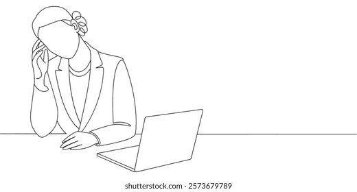 person working on laptop line art style vector illustration