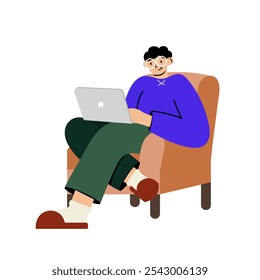 Pessoa que trabalha no computador portátil, no trabalho à distância ou no conceito de freelance. Ilustração de vetor plano