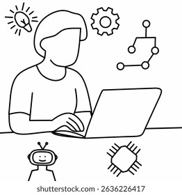 Person working on laptop with robot and light bulb – AI and creative idea concept in vector style.
