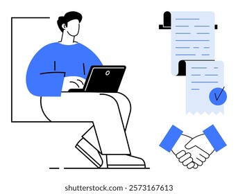 Person working on laptop with a rolled-up document, a checkmark, and a handshake. Ideal for business, remote work, contracts, agreements, and collaboration themes. Modern, clean, minimalist style