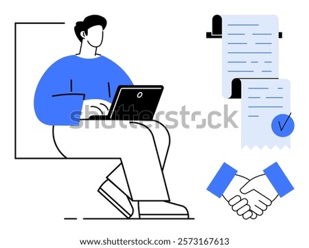 Person working on laptop with a rolled-up document, a checkmark, and a handshake. Ideal for business, remote work, contracts, agreements, and collaboration themes. Modern, clean, minimalist style