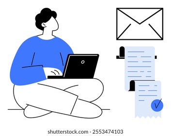 Person working on a laptop, sitting cross-legged, accompanied by an envelope icon and two documents with a check mark. Ideal for productivity, communication, remote work, technology, and office