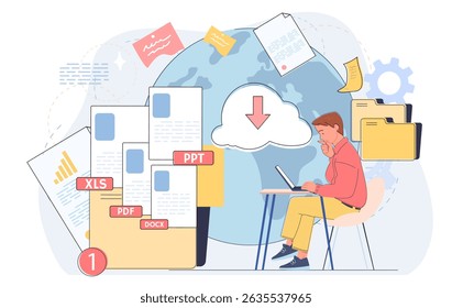 Pessoa trabalhando em um laptop cercado por arquivos e pastas digitais com símbolo de download na nuvem, estilo plano, no plano de fundo do mapa global. Conceito de armazenamento em nuvem. Ilustração vetorial