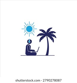 Person working on laptop under palm tree in sunny weather