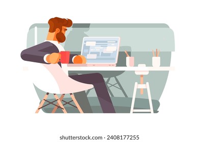 Person Working on Laptop, vector illustration. Scene depicts an individual engrossed in work on a laptop at a desk in a creative workspace