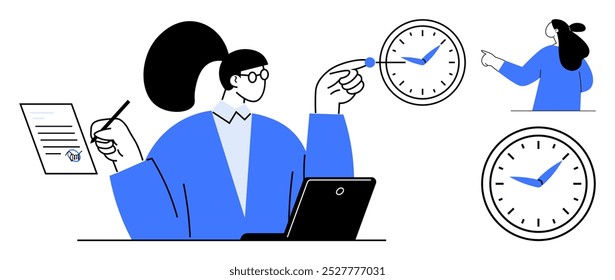Person working on laptop while pointing at clock, holding document. Ideal for time management, productivity, remote work, planning, project management. Clean modern style