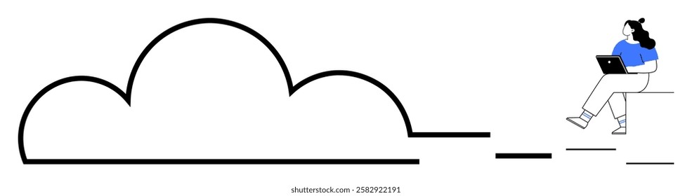 Person working on a laptop while seated, positioned next to a large cloud symbol. Ideal for tech, remote work, cloud computing, digital storage, internet services, online collaboration, and modern