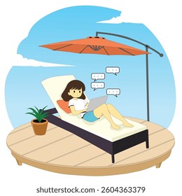 A person working on a laptop while relaxing under an umbrella, the concept of a freelancer working.