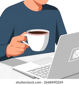 Uma pessoa está trabalhando em um laptop enquanto segura uma xícara de café.