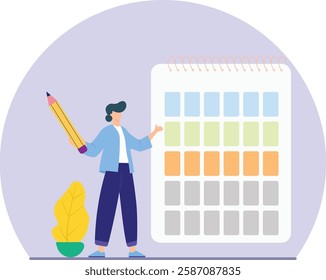 A person working on a large, spiral-bound calendar that features color-coded tasks and events. The individual is holding an oversized pencil, emphasizing the act of careful planning and organization.