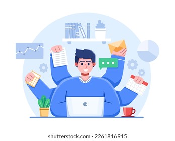 A person working on multiple tasks at the same time, showing the importance of multitasking in order to increase productivity.
A busy office worker is juggling multiple tasks at once.