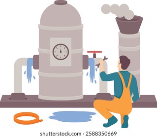 Person Working on operational Fire tube boilers concept, heating engineer Replacing Pressure Valve vector design, plumbing worker banner, Handyman Services scene, HVAC technician Stock illustration