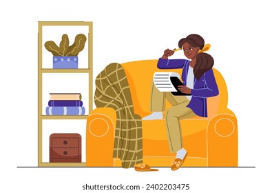 Person working online. Smiling woman sits on cozy sofa and makes list of tasks. Remote employee or freelancer in home office. Cartoon flat vector illustration isolated on white background