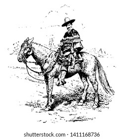 A person working over the ranch. Ranch is the area of land used for practising ranching and also used for grazing cattles vintage line drawing.