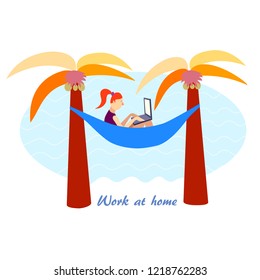 person working remotely. Distant work. Woman on the beach with a laptop. young girl teleworker, freelancer doing remote job. Vector 10 eps
