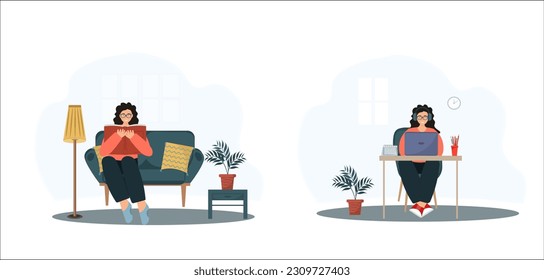 Person working and resting at home, reading books, online working concept, education concept, flat vector illustration