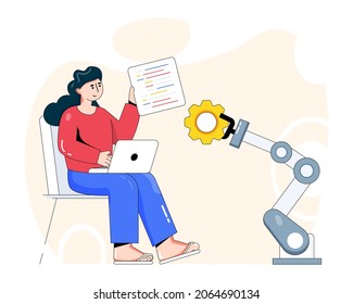 Person working with robot, flat illustration of robot developer  