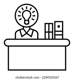 Person working, sitting behind the desk, front office, receptionist, professional, ceo, with bulb light idea logo symbol vector design illustration icon.