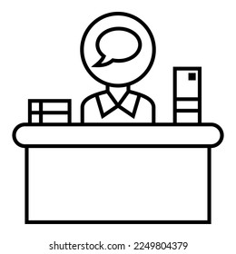 Person working, sitting behind the desk, front office, receptionist, customer support with baloon bubble chat, Q n A logo symbol vector design illustration icon.